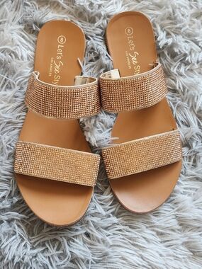 Gold Rhinestone Double-Strap Slide Sandals